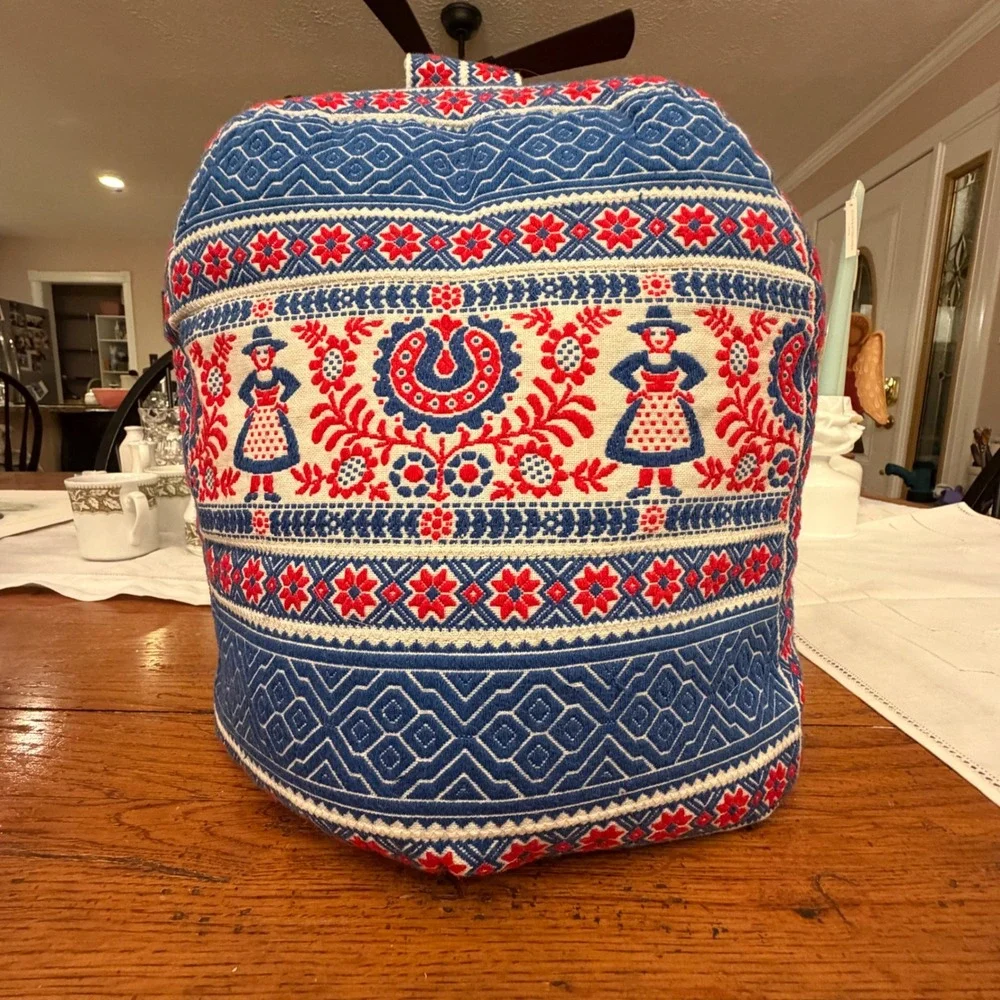 Vintage Tea Cozy Folk Art Woven Red Blue Woven Padded Teapot Cover